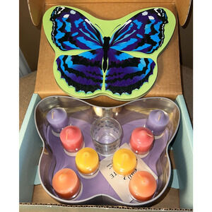PartyLite Blue Wing Butterfly Tin Set w/ Votive Candles-Vintage & Beautiful NIB